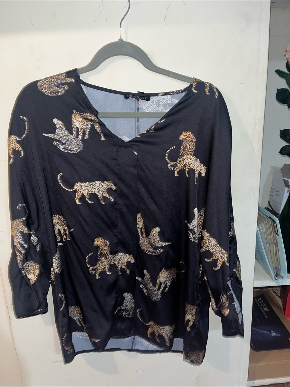 Woven Animal Print Blouse - Black with Gold Leopards
